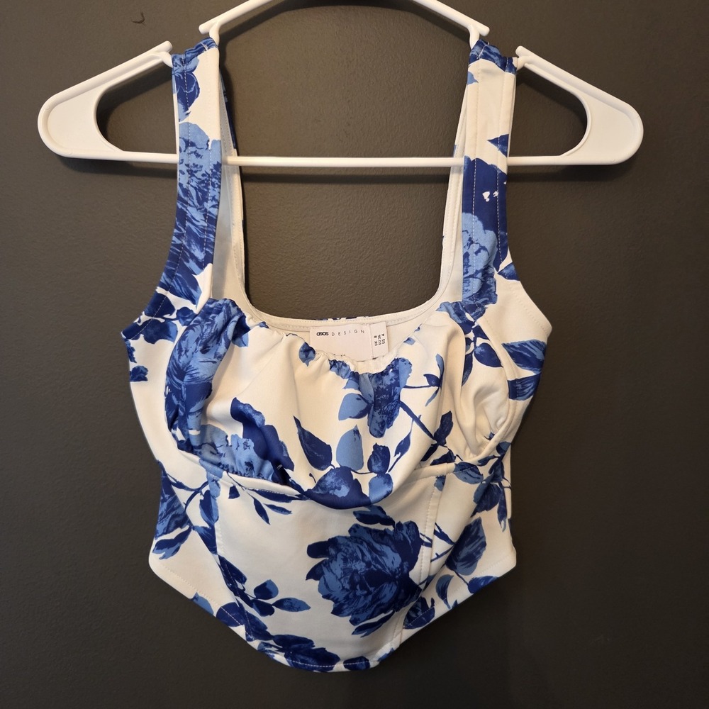 Asos Design Women's Bustier Corset Crop Top White Blue Floral Size 4 EUC